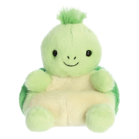 Palm Pals Tiny Turtle plush, a small palm-sized stuffed turtle with a light green rounded body, a spiky green tuft of hair on top, a cream belly, and a cheerful embroidered smile