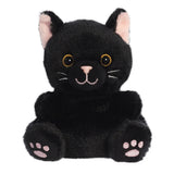 Palm Pals Twilight Black Cat plush, a small palm-sized stuffed black cat with striking amber eyes outlined in gold, a pink nose, embroidered whiskers, and pink paw pad details on the feet
