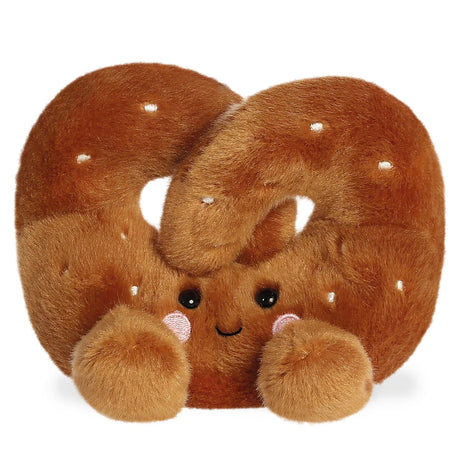 Plush toy shaped like a pretzel on a white background
