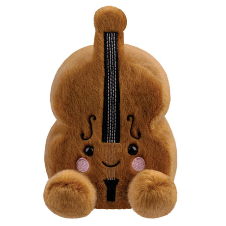 Aurora Palm Pals Vanessa Violin plush — a warm brown violin-shaped soft toy with embroidered black strings, f-hole details along the body, pink blush cheeks, and a gentle smiling face