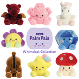 Collection of colorful plush toys labeled 'Palm Pals' with a central purple toy displaying the brand name.