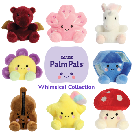 Collection of colorful plush toys labeled 'Palm Pals' with a central purple toy displaying the brand name.