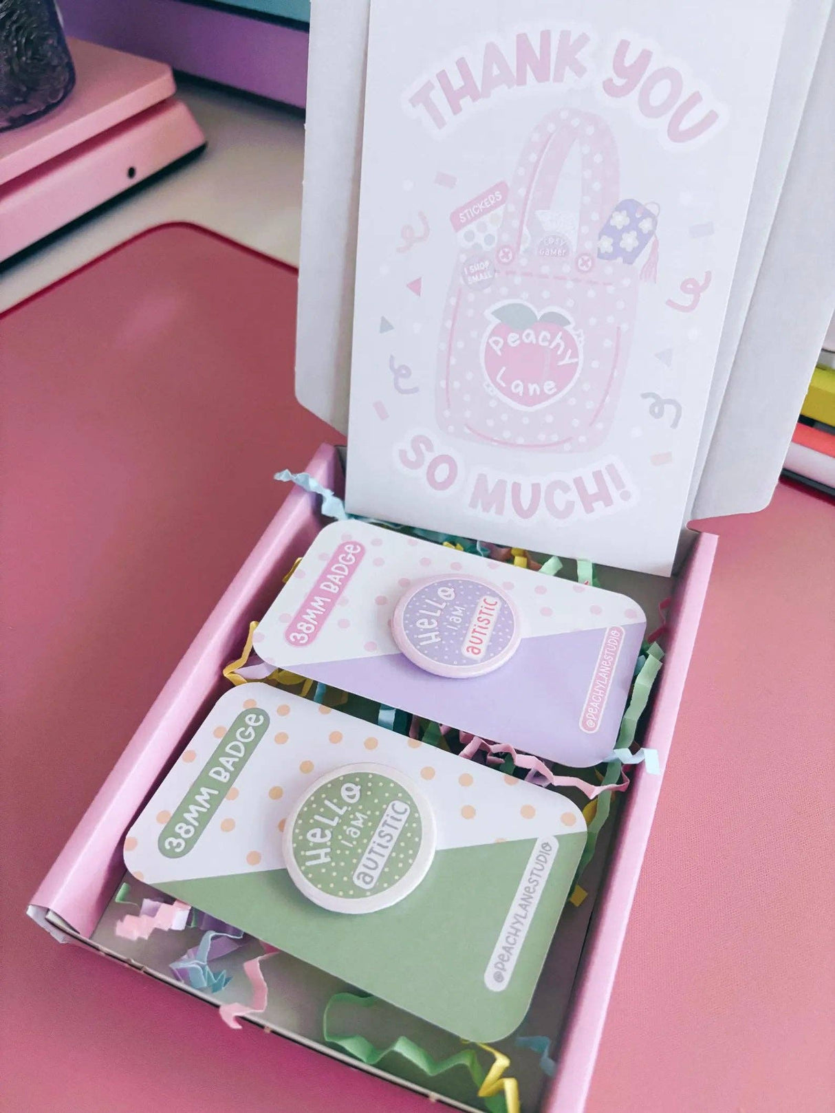 Peachy Lane Studio Hello I Am Autistic badges in pink gift box with thank you card