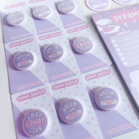 Peachy Lane Studio autistic and mental health badge range, lilac backing cards