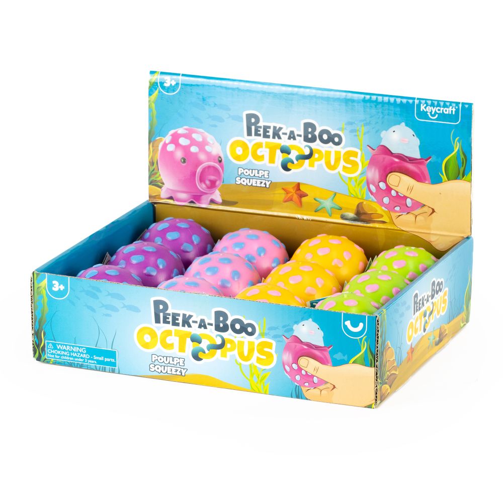 Keycraft Peek-A-Boo Octopus display box showing all four colour variants — purple, pink, yellow and green