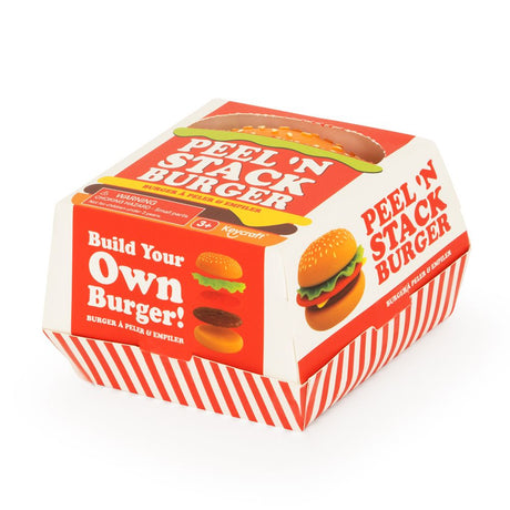 Keycraft Peel N Stack Burger sensory toy in red and white striped burger box packaging, angled view