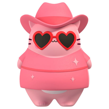 Pembe the Pink Cat squishy figure, pink cowboy hat, heart sunglasses, collectible fidget toy