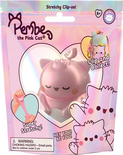 Pembe the Pink Cat stretchy clip-on packaging, pink glitter sensory fidget toy