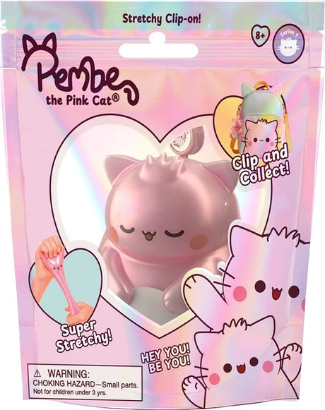 Pembe the Pink Cat stretchy clip-on packaging, pink glitter sensory fidget toy