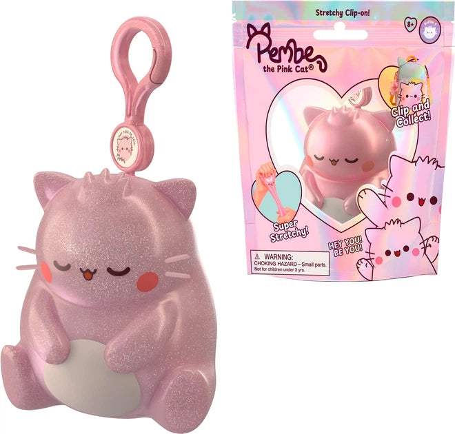 Pembe the Pink Cat stretchy clip-on toy, glitter pink sensory fidget toy with packaging