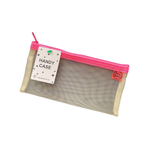 Petra Boase pale mesh handy case with hot pink zip shown flat against white background with Handy Case tag