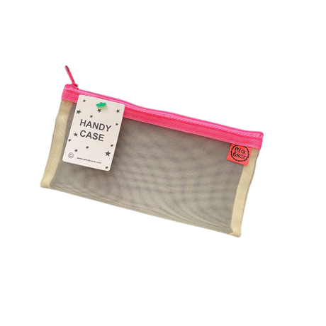 Petra Boase pale mesh handy case with hot pink zip shown flat against white background with Handy Case tag