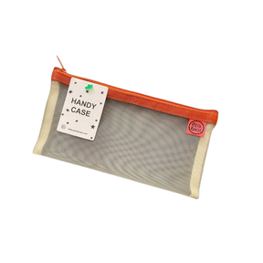 Petra Boase pale mesh handy case with bright orange zip shown flat against white background with Handy Case tag