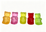 Five translucent gummy bear squishies in orange, pink, yellow, red and green, scented sensory toys