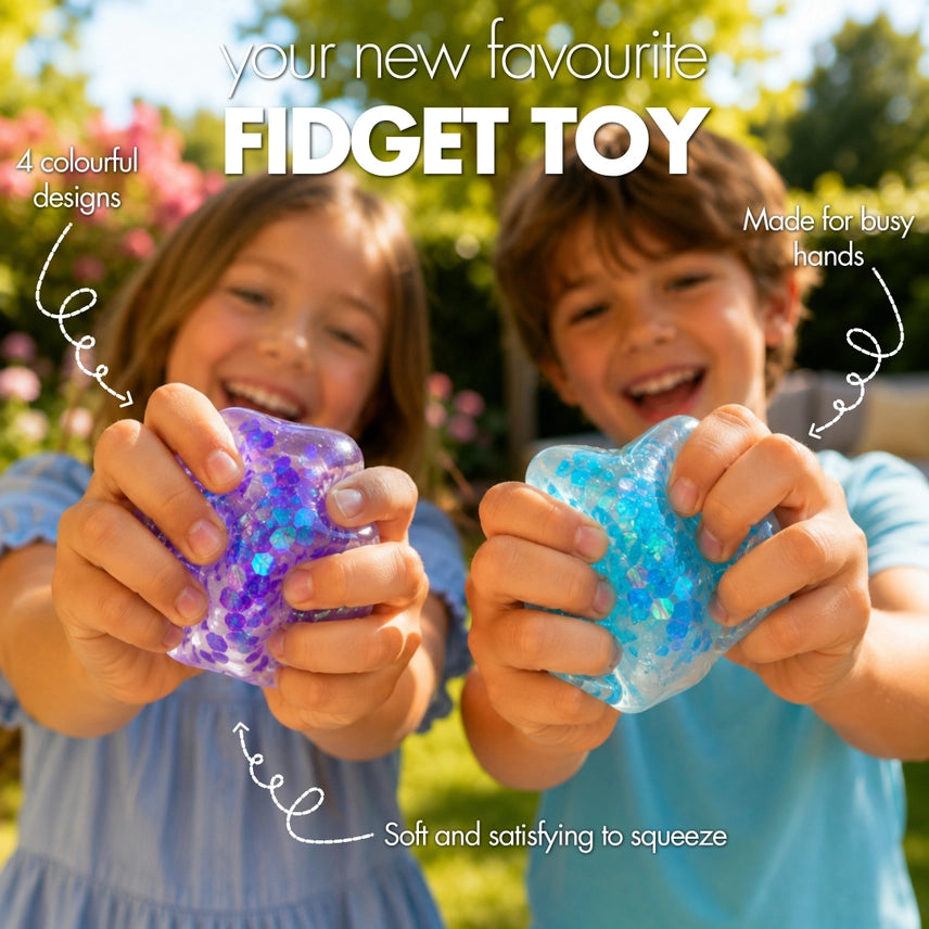 Two children squeezing purple and blue glitter Play Hub Squishy Cube fidget toys outdoors