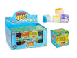 Play Hub Squishy Cube display box beside individual boxed cubes and four loose glitter cubes