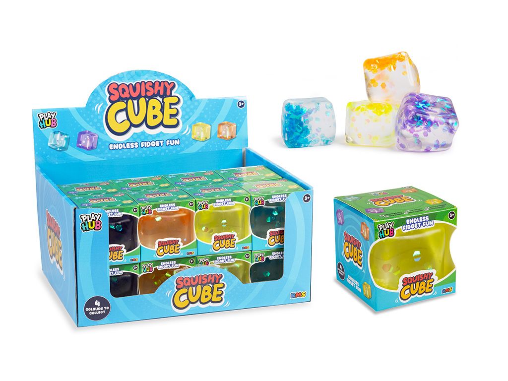 Play Hub Squishy Cube display box beside individual boxed cubes and four loose glitter cubes