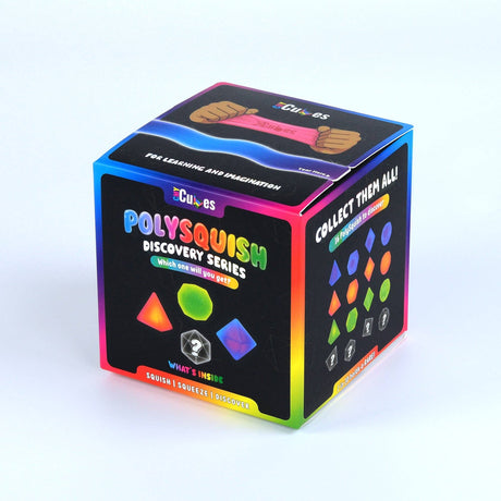 A 3D-rendered or photographed cube-shaped product box for 'Polysquish Discovery Series' by 'Cub65', shown on a plain light gray/white background. The box is mostly black with rainbow gradient edges and colorful printed graphics including geometric shapes and text such as 'Collect Them All' and 'Squish & Squeeze & Discover.