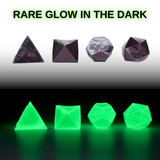 Glow-in-the-dark polyhedral squishy set with text 'Rare Glow in the Dark' on a gradient background.