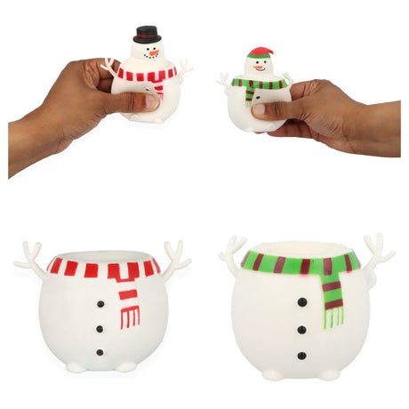 Pop-up snowman squishy decompression toy shown in red and green scarf styles