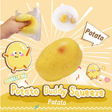 Potato-shaped stress reliever with cartoon character on a yellow background