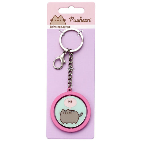 Official Pusheen Hi Bye Spinning Keyring on backing card, pink mint green