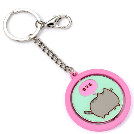 Official Pusheen Hi Bye Spinning Keyring, Bye side straight-on, pink frame