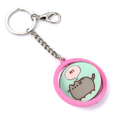 Official Pusheen Hi Bye Spinning Keyring, Hi side front view, pink mint green