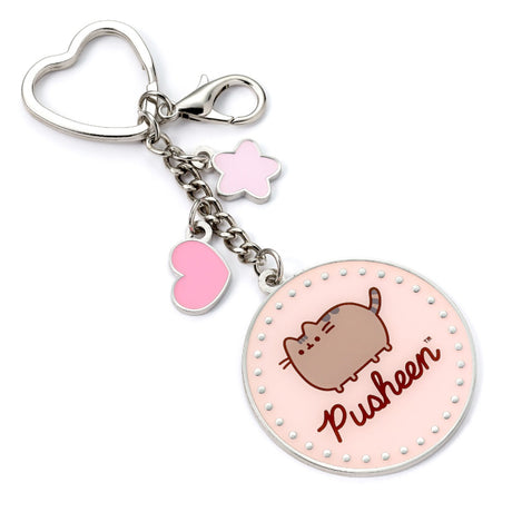 Official Pusheen the Cat Pink Name Keyring, pink heart and flower mini charms