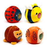 All four Queasy Squeezies Adoramals garden plush squeeze toys — ladybird, bee, hedgehog and snail