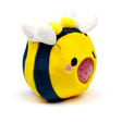 Yellow and navy plush bumble bee Queasy Squeezie solo shot showing fabric wings and water bead nose