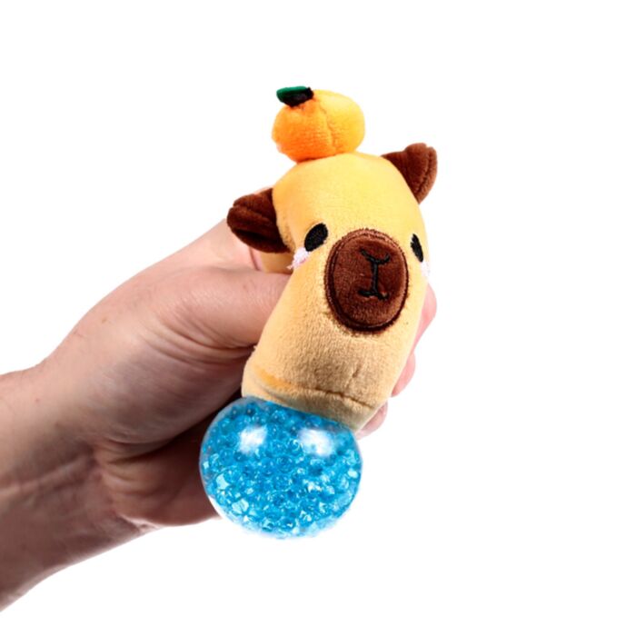 Queasy Squeezies Adoramals capybara sensory plush, blue bead ball from bum
