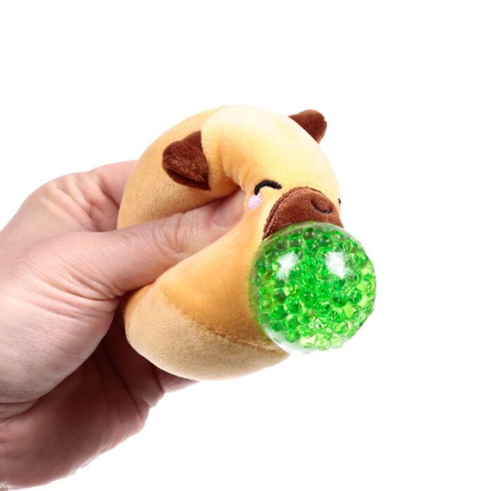 Queasy Squeezies Adoramals capybara plush squeezy toy, green bead ball from mouth
