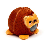 Brown speckled plush hedgehog Queasy Squeezie solo shot showing embroidered face and padded feet