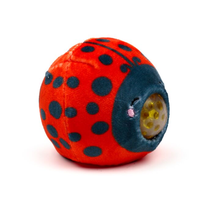 Red plush ladybird Queasy Squeezie solo product shot showing water bead nose and embroidered face
