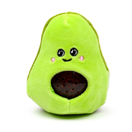 Queasy Squeezies avocado plush squeeze toy front view showing embroidered face, pink cheeks and water bead pit detail