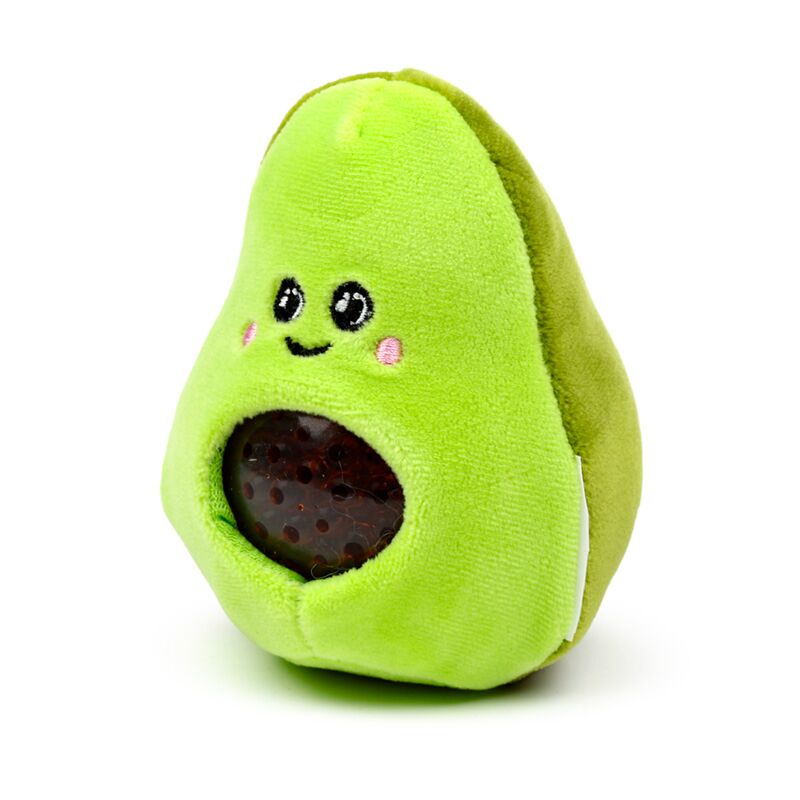 Queasy Squeezies avocado plush squeeze toy side angle view showing soft velvet plush texture