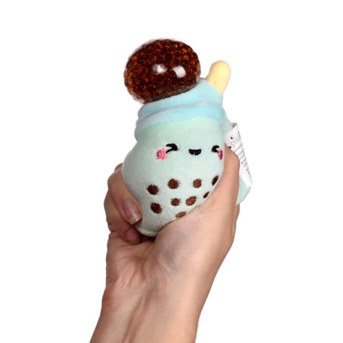 Mint Queasy Squeezies bubble tea plush — brown bead stress ball pops out on squeeze