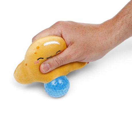 Squeezing Queasy Squeezies croissant plush - blue bead stress ball pops out