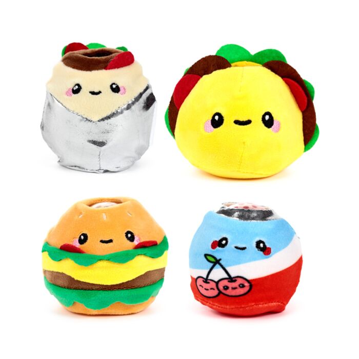 All four Queasy Squeezies Foodiemals plush squeeze toys — cherry soda, burger, taco and burrito