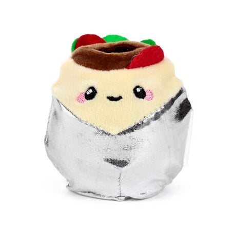 Silver foil burrito Queasy Squeezie solo product shot showing kawaii embroidered face and plush fillings