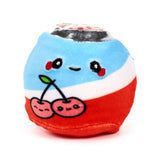 Red and blue cherry soda can Queasy Squeezie solo product shot showing kawaii cherry artwork and embroidered face