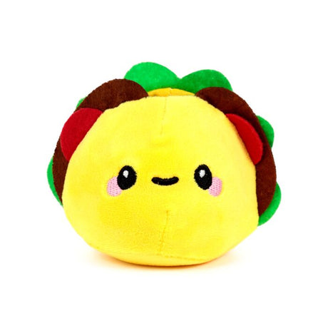 Yellow plush taco Queasy Squeezie solo product shot showing embroidered face and colourful plush fillings