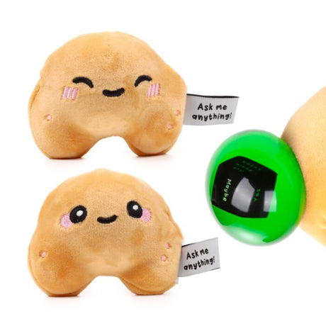 Two Queasy Squeezies fortune cookie plush designs with green magic answer ball