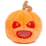 Queasy Squeezies orange pumpkin plush squeeze toy with a red gel bead mouth panel