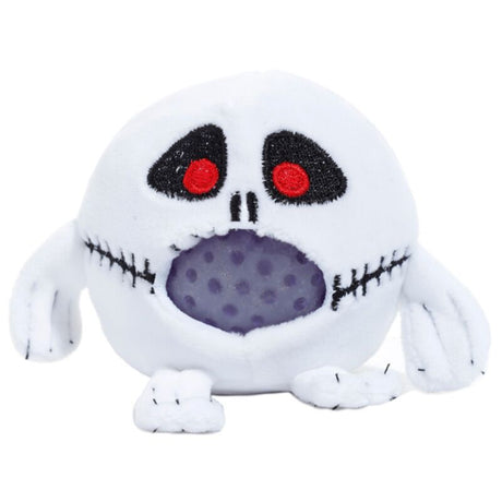 Queasy Squeezies white skeleton plush squeeze toy with a purple gel bead mouth panel