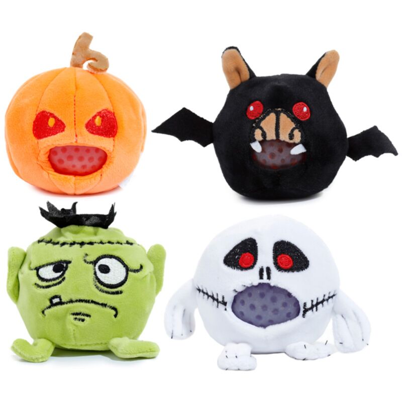 Four Queasy Squeezies Halloween plush squeeze toys in pumpkin, bat, Frankenstein and ghost designs on a white background