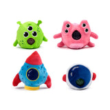 All four Queasy Squeezies Space Cadets plush squeeze toys — green alien, pink alien, rocket and astronaut helmet