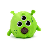 Green three-eyed alien Queasy Squeezie solo shot showing antenna, embroidered spots and water bead nose