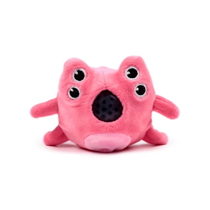 Pink four-eyed alien Queasy Squeezie solo shot showing stubby limbs and dark water bead mouth